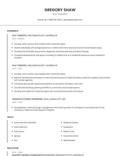 Play Therapist Resume