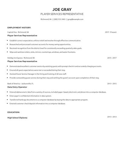 Player Services Representative Resume