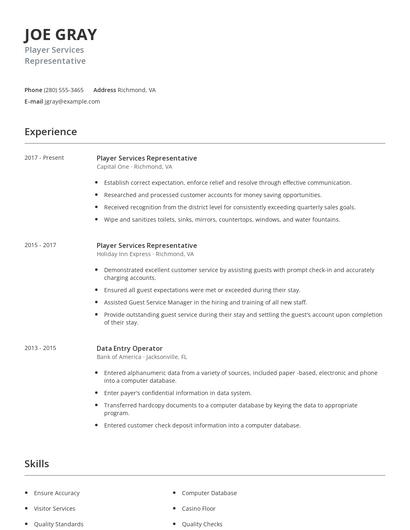 Player Services Representative Resume