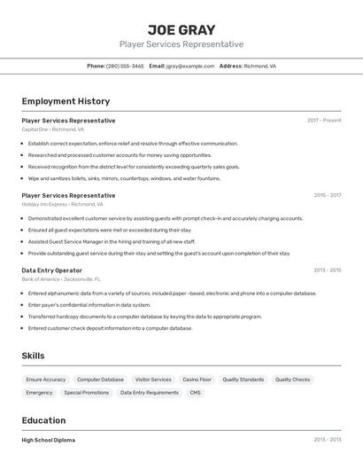 Player Services Representative Resume
