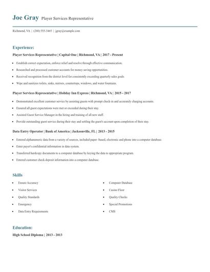 Player Services Representative Resume