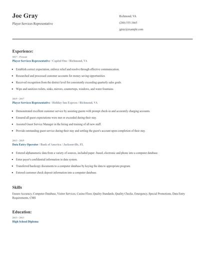 Player Services Representative Resume