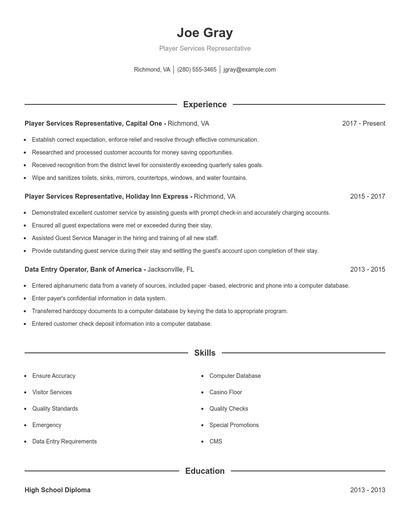 Player Services Representative Resume