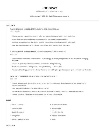 Player Services Representative Resume
