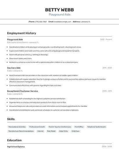 Playground Aide Resume