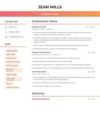 Playground Aide Resume