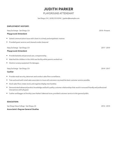 Playground Attendant Resume