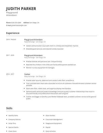 Playground Attendant Resume