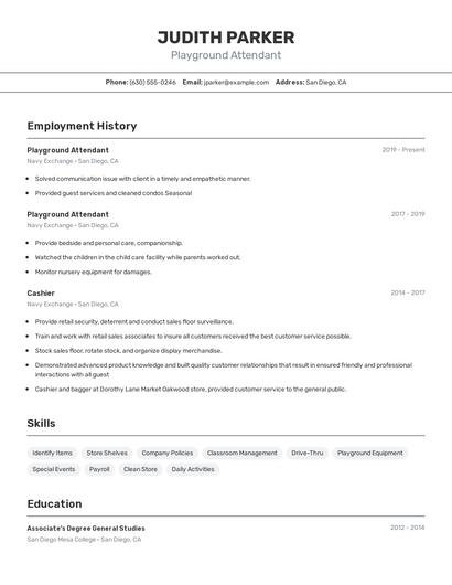 Playground Attendant Resume