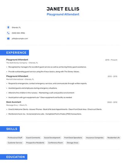 Playground Attendant Resume