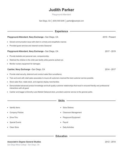 Playground Attendant Resume