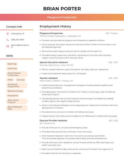 Playground Supervisor Resume