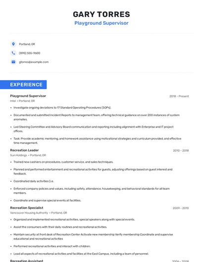Playground Supervisor Resume