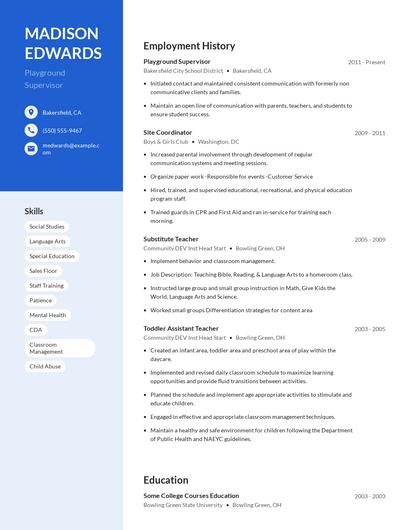 Playground Supervisor Resume