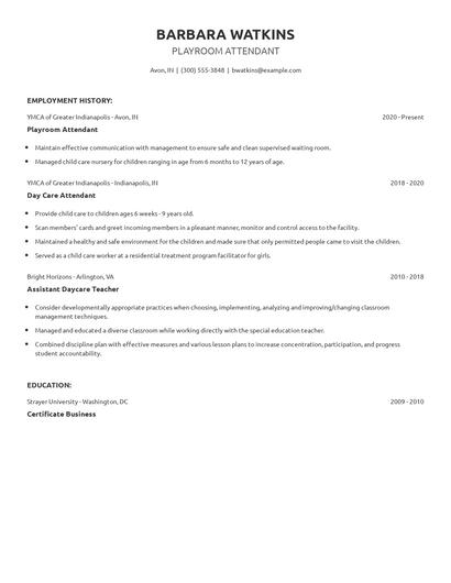 Playroom Attendant Resume