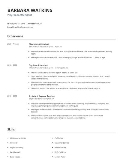 Playroom Attendant Resume