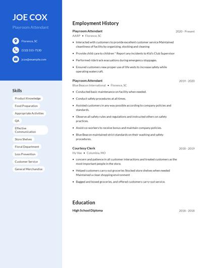 Playroom Attendant Resume