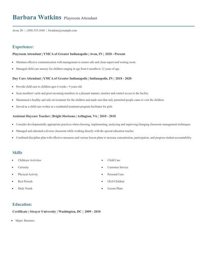 Playroom Attendant Resume