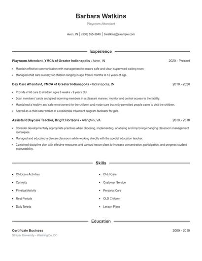 Playroom Attendant Resume