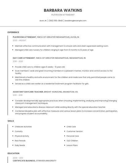 Playroom Attendant Resume