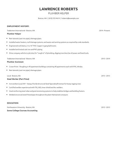 Plumber Helper Resume