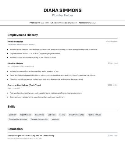Plumber Helper Resume