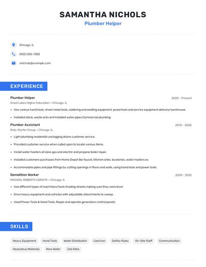 Plumber Helper Resume