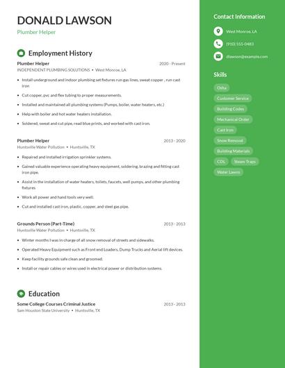 Plumber Helper Resume