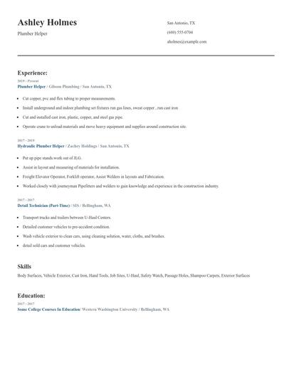 Plumber Helper Resume
