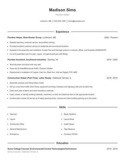 Plumber Helper Resume