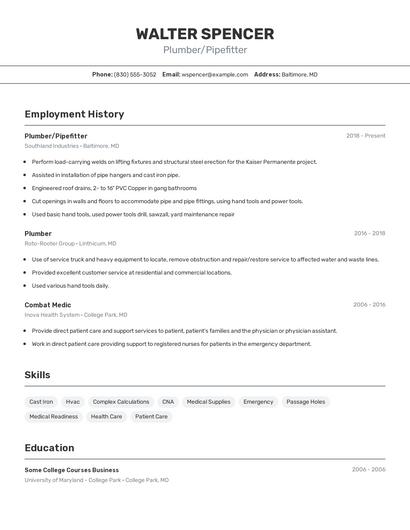 Plumber/Pipefitter Resume