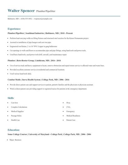 Plumber/Pipefitter Resume