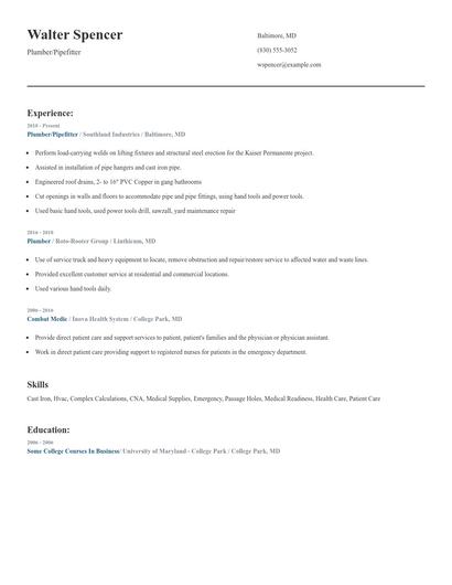 Plumber/Pipefitter Resume