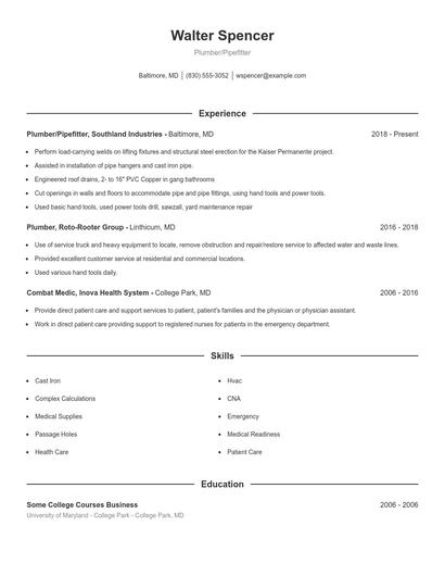 Plumber/Pipefitter Resume