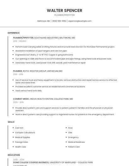 Plumber/Pipefitter Resume