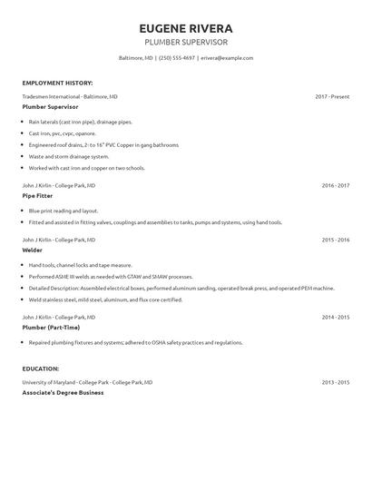 Plumber Supervisor Resume
