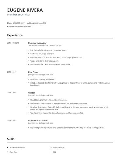 Plumber Supervisor Resume