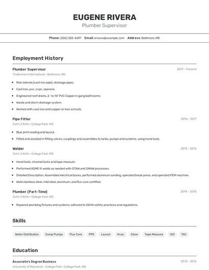 Plumber Supervisor Resume