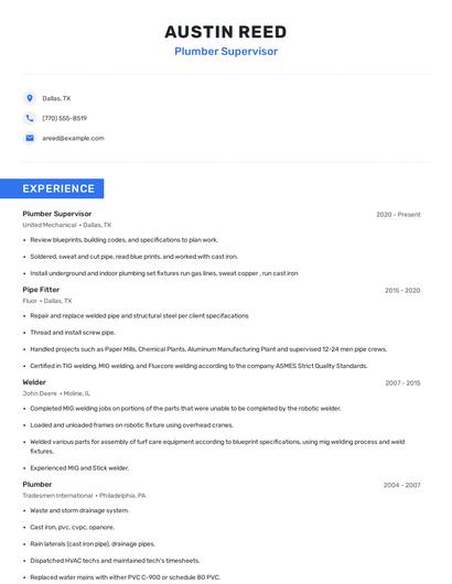 Plumber Supervisor Resume