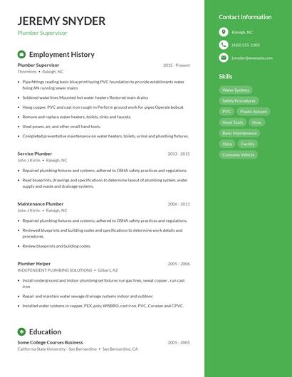 Plumber Supervisor Resume