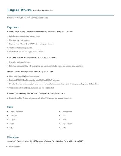 Plumber Supervisor Resume