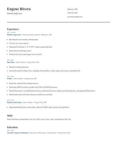 Plumber Supervisor Resume