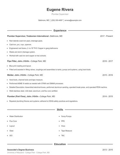 Plumber Supervisor Resume
