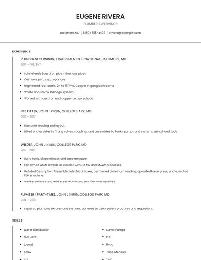 Plumber Supervisor Resume