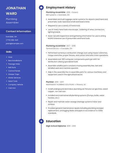 Plumbing Assembler Resume