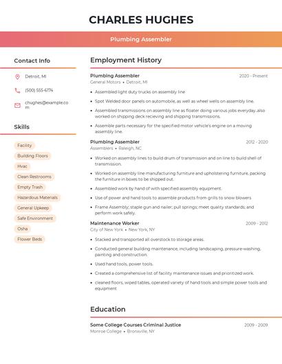 Plumbing Assembler Resume
