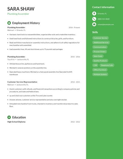 Plumbing Assembler Resume