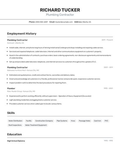 Plumbing Contractor Resume