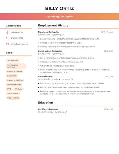 Plumbing Contractor Resume