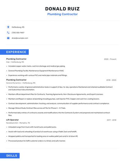 Plumbing Contractor Resume